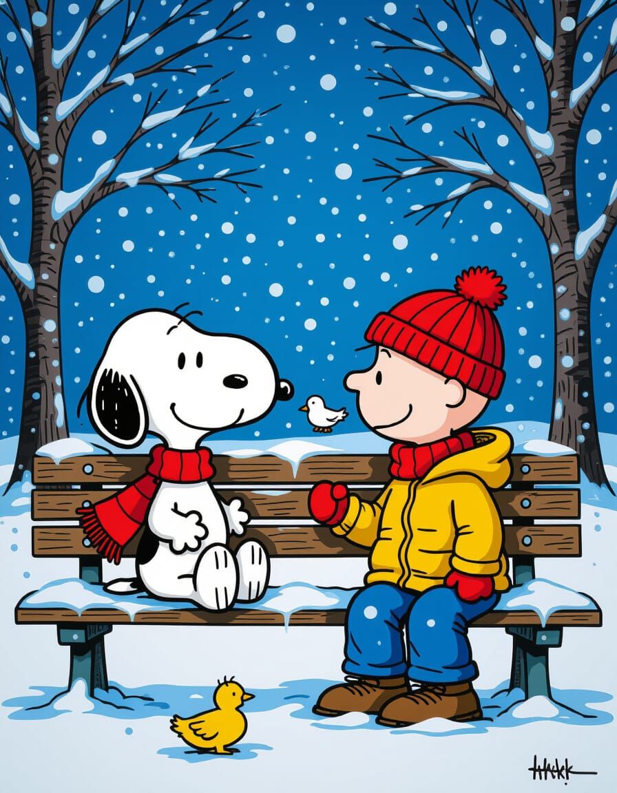 Snoopy and Charlie Brown Feed Ducks in Snowy Park