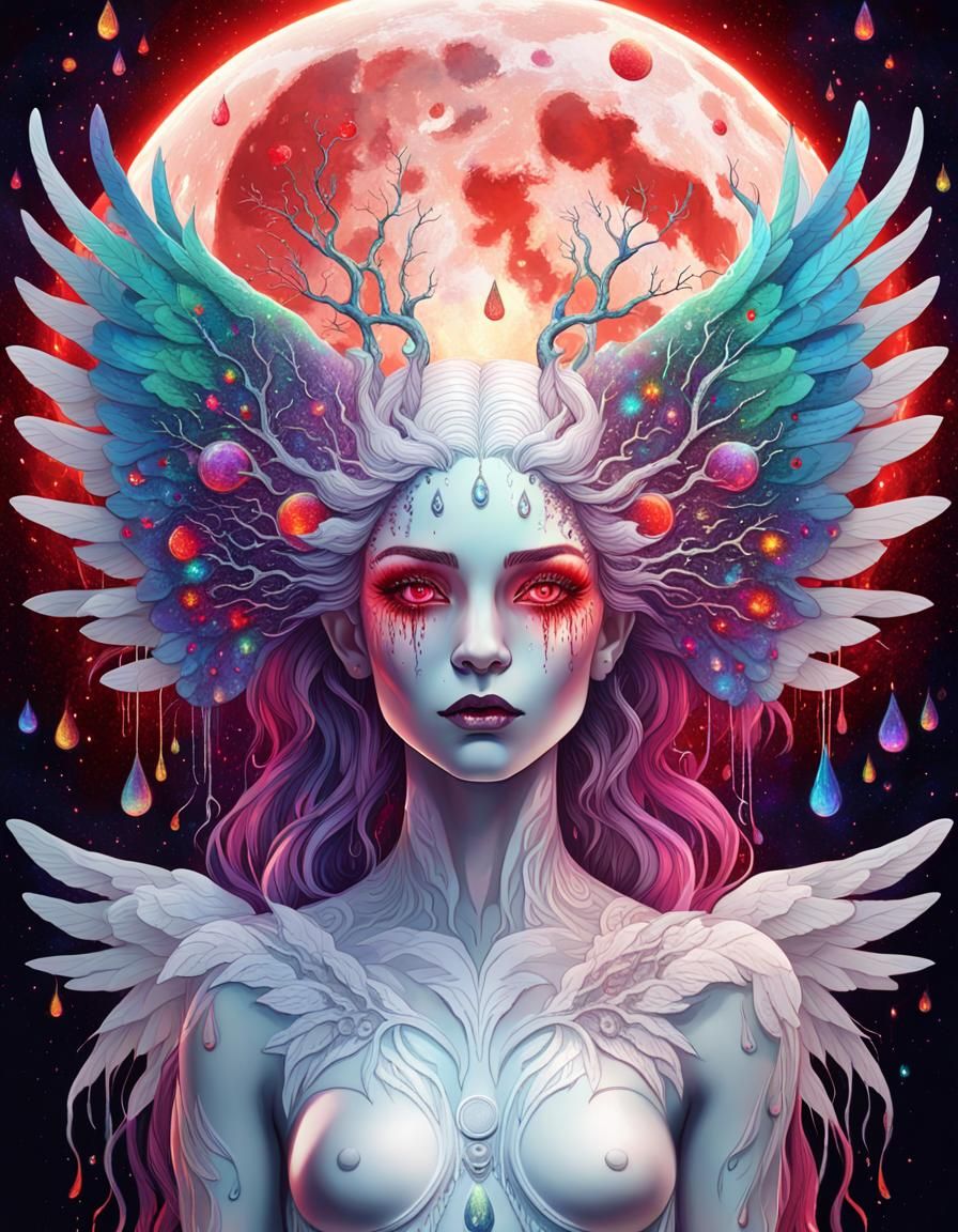 Cosmic Goddess with Rainbow Hair and Wings