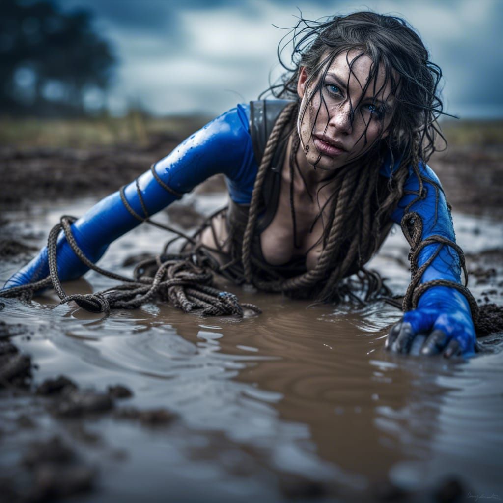 Hyperrealistic Damsel Sinking in Mud