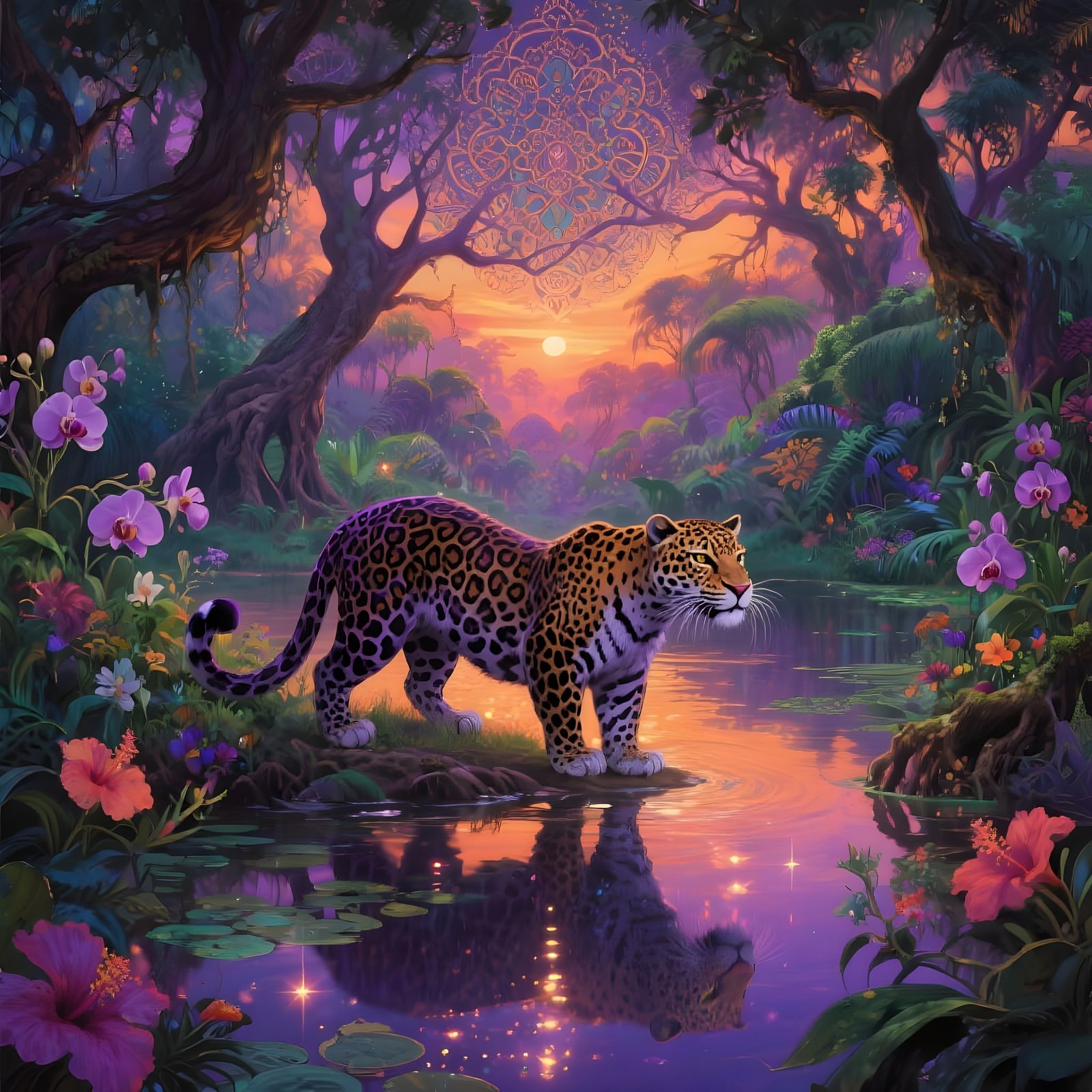 Jaguars in Jungle Paradise at Sunset