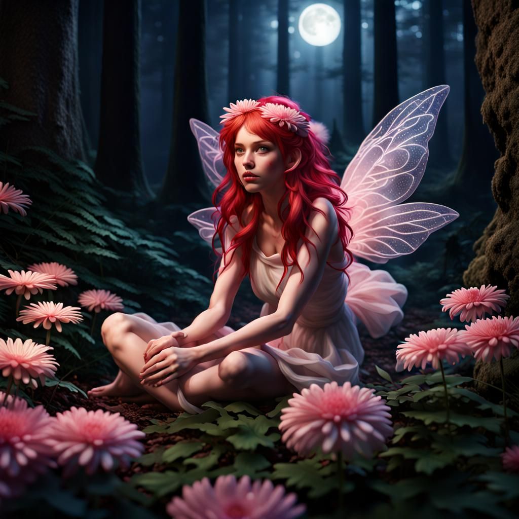 Red-Haired Fairy with Pink Chrysanthemums in Moonlight