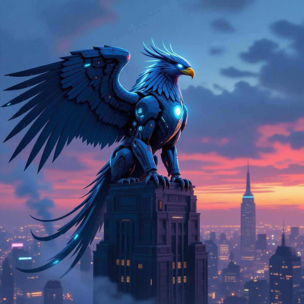 Cybernetic Griffin on Skyscraper in Futuristic City