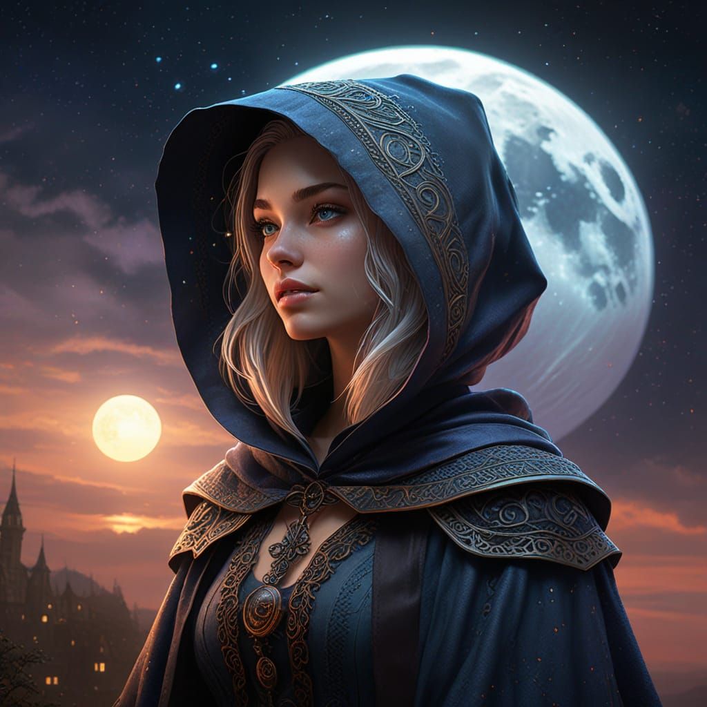 Witch and Fox Gaze at Moonrise in Hyperrealistic Style