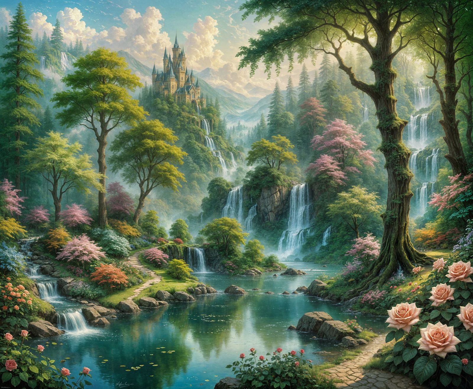 Ethereal Fantasy Forest with Waterfalls and Roses in a Reali...