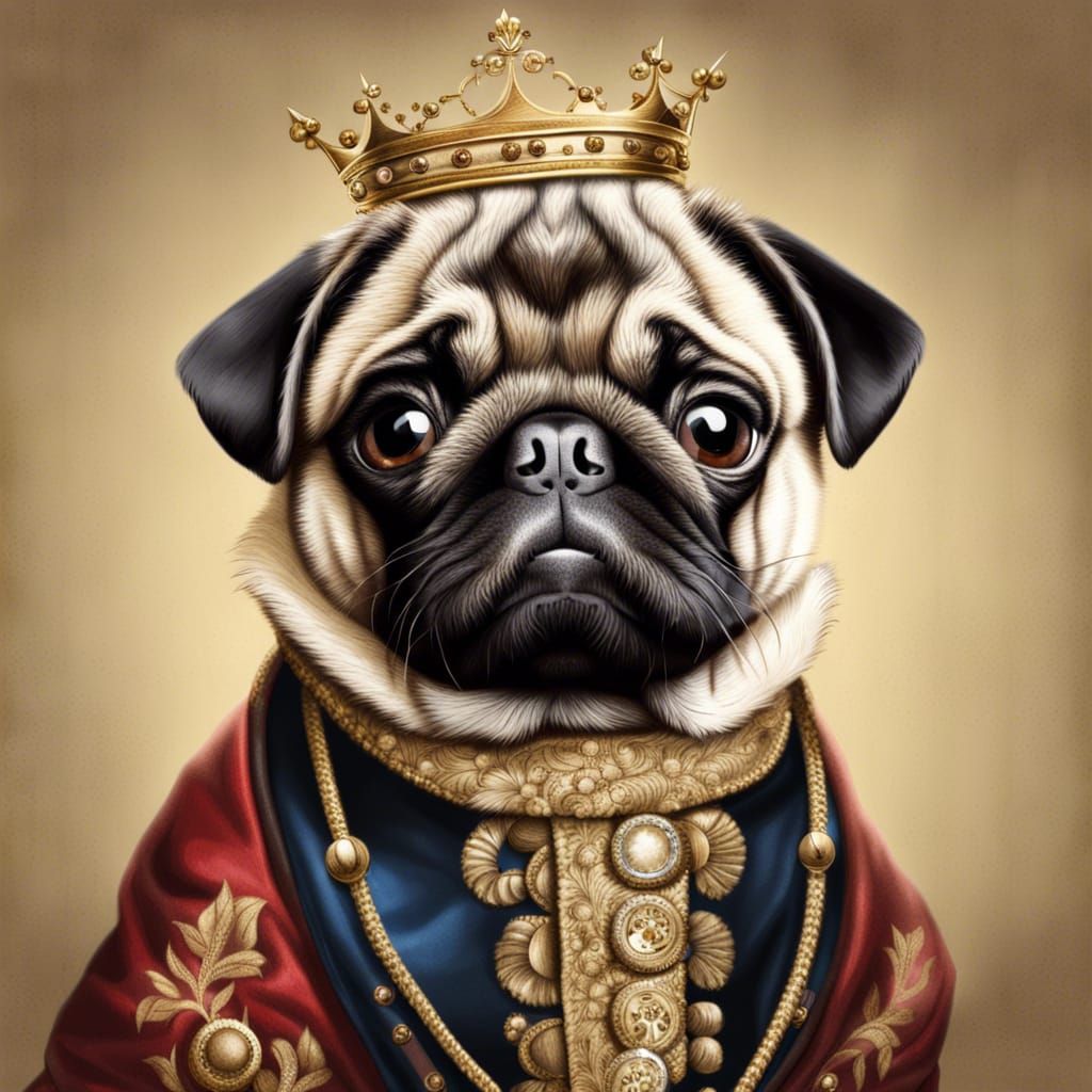 Pug Puppy Royal Portrait in Hyperrealistic Style