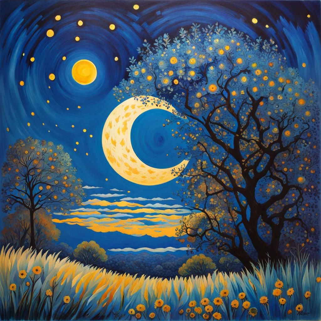 Blue Moon Over Indigo Circus: Rococo Watercolor Art