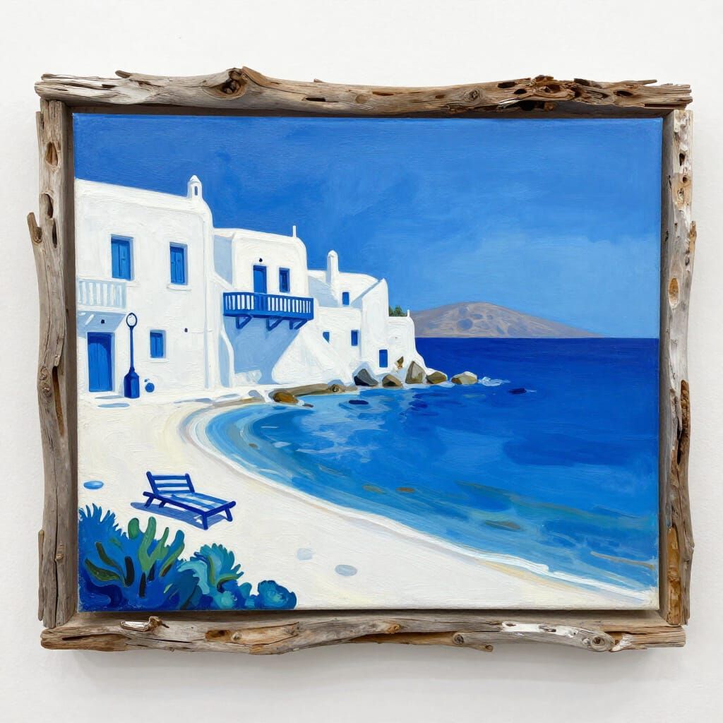Surreal Mykonos Idyll in Vivid Blue Acrylic