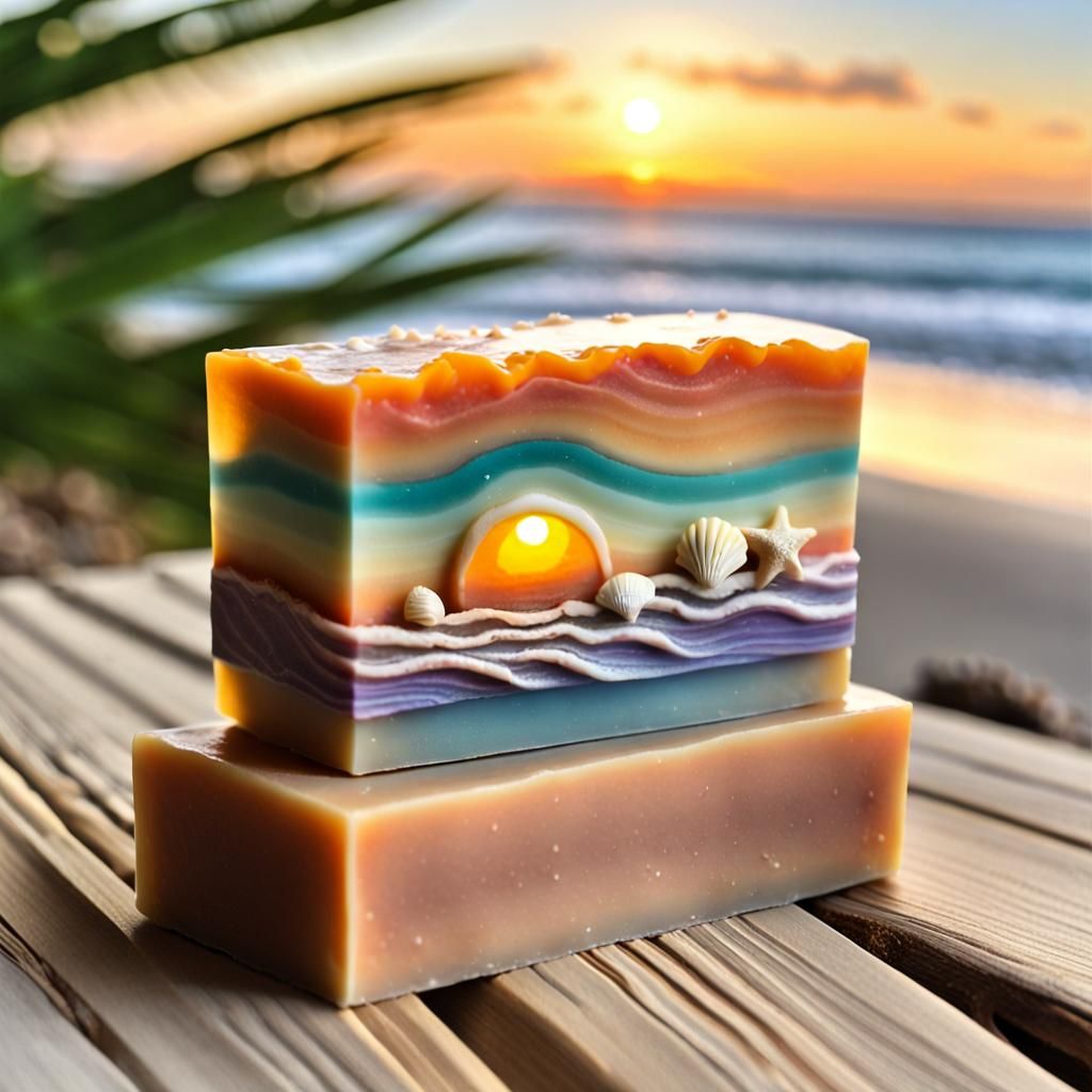 Artisan Soap: Beach Sunset Scene on Wood Table