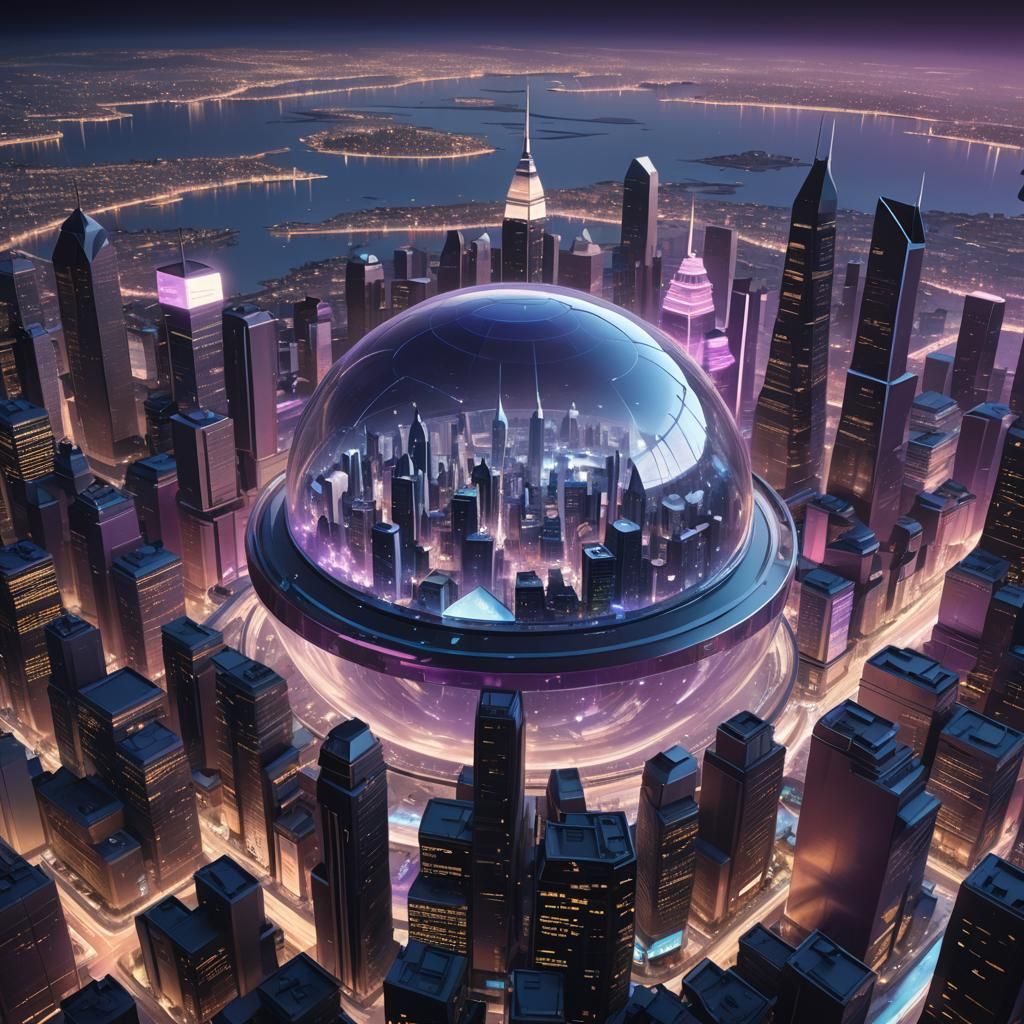 Floating City Under Glass Dome in 3D Render