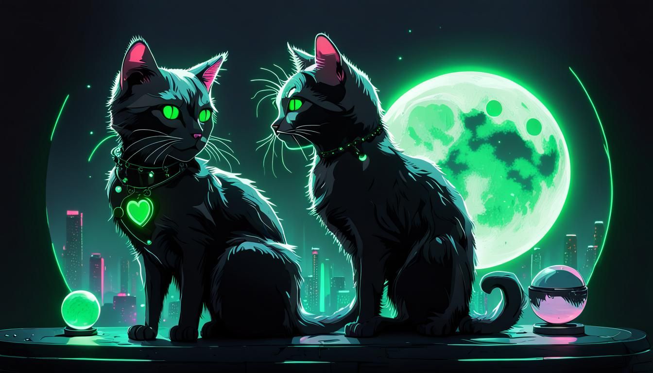 Cyberpunk Cat in Glass Heart with Green Moon