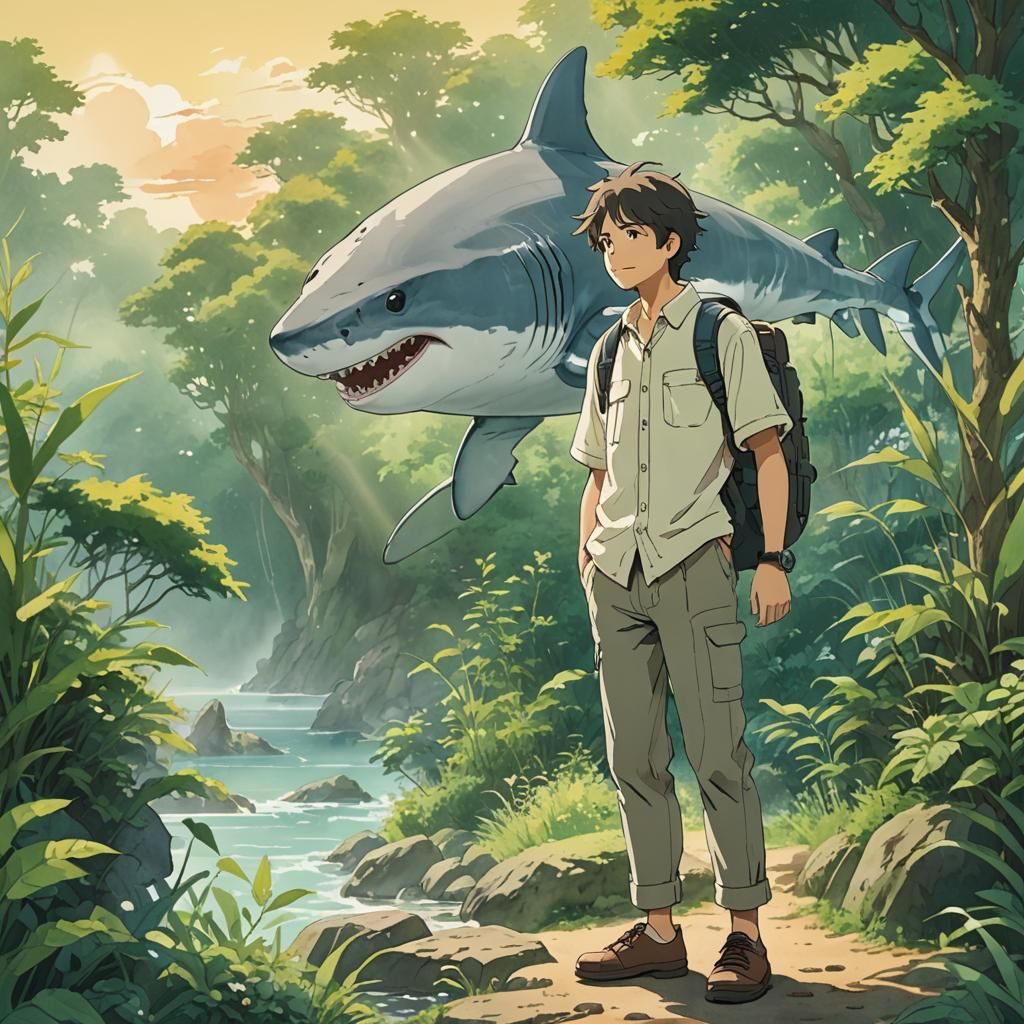 Whimsical Studio Ghibli-Inspired Gentleman with Shark Head i...