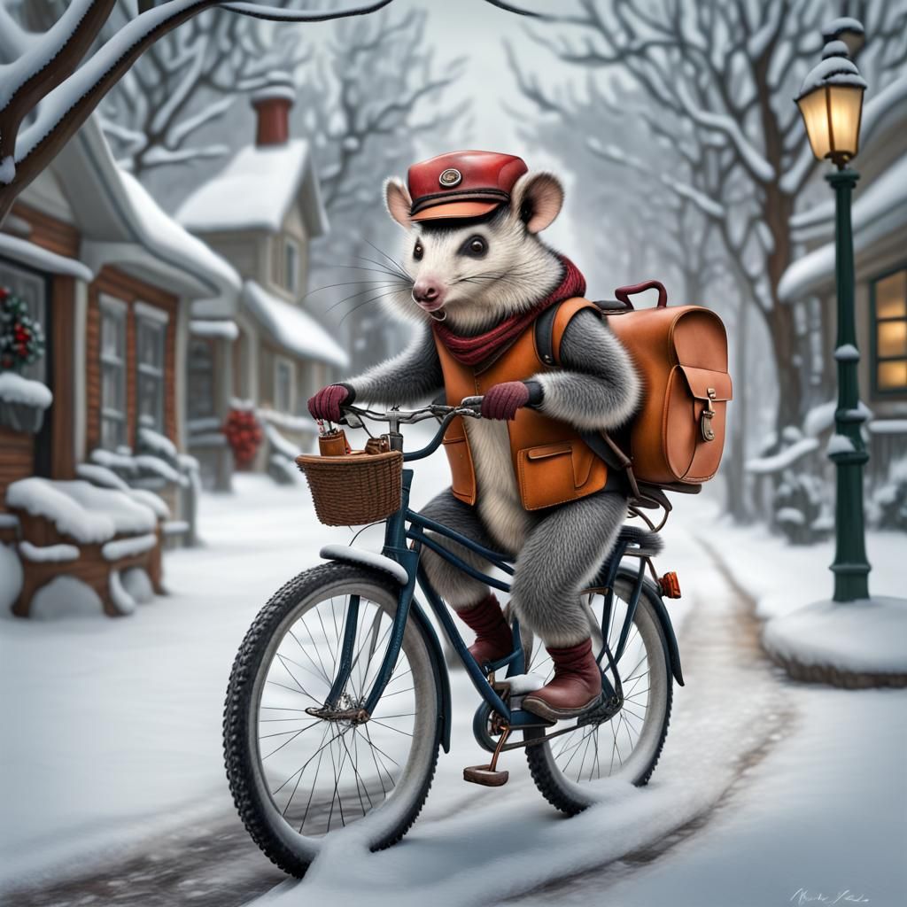 Opossum postman on a bike