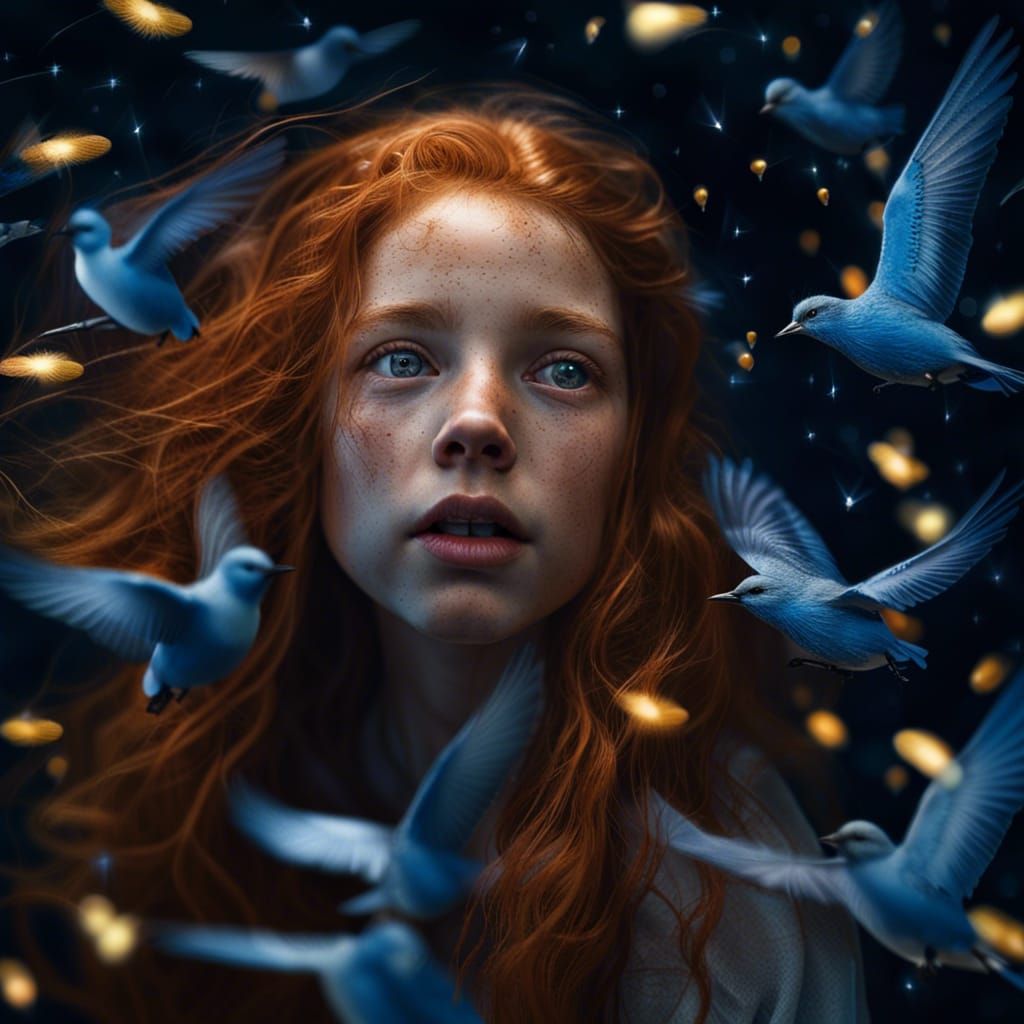Ginger Haired Girl Lifted by Birds at Night