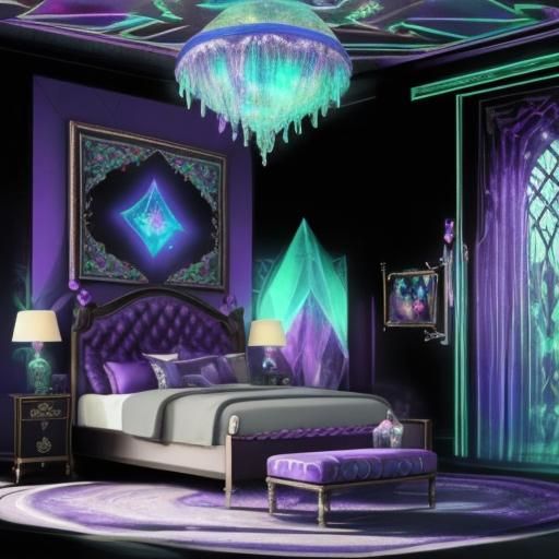Epic fantasy gothic bedroom with holographic purple walls with holographic cobalt blue accents and holographic magenta a...