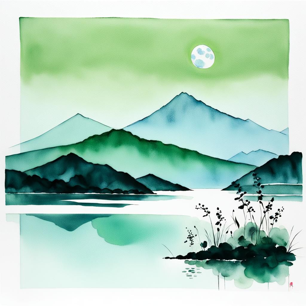 Minimalist Chinese Ink Landscape with Green Hue
