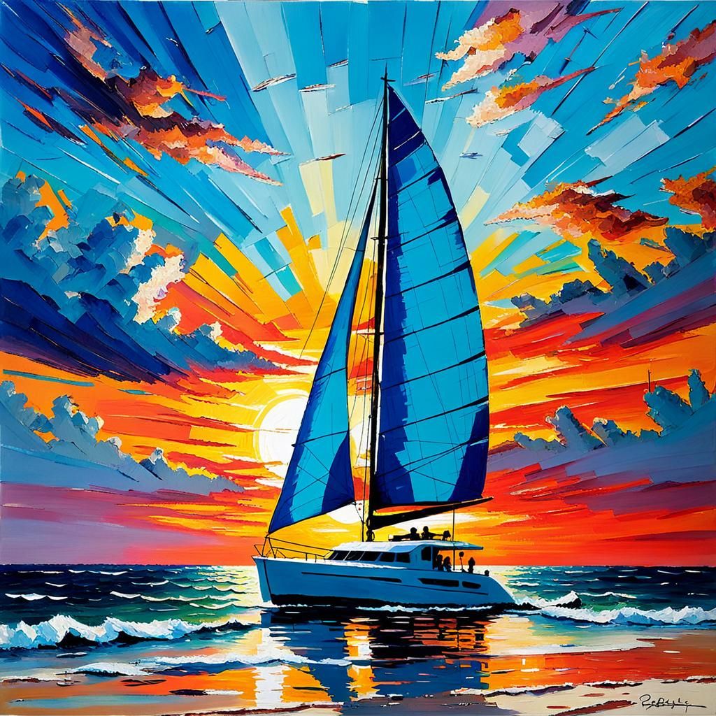 Catamaran at Sunset: Palette Knife Impression