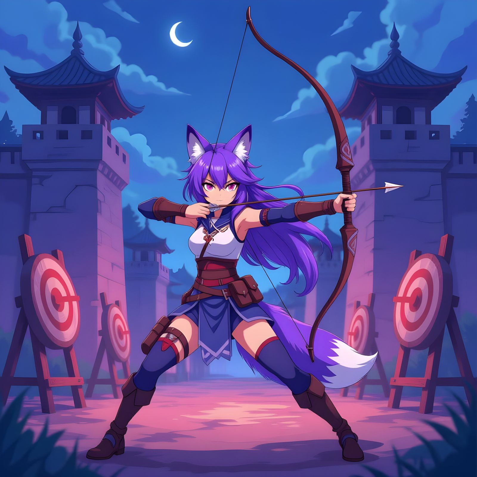 Anime Fox Girl Archer Trains in Medieval Military Outpost