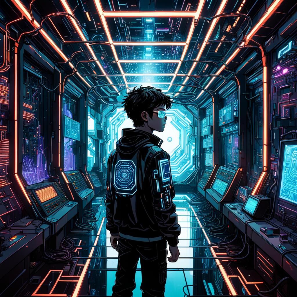 Boy Gazing into Cyberpunk Infinity Mirror
