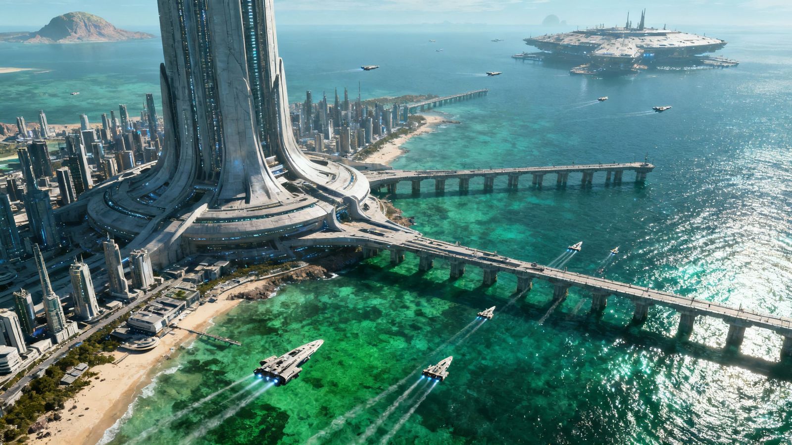 Alien Planet City with Massive Temple and Emerald Sea