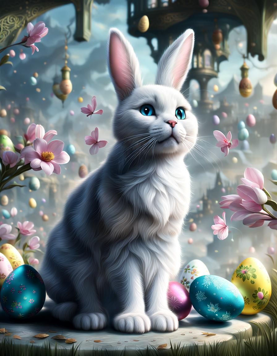 Hyperrealistic Easter Bunny-Cat with Easter Eggs
