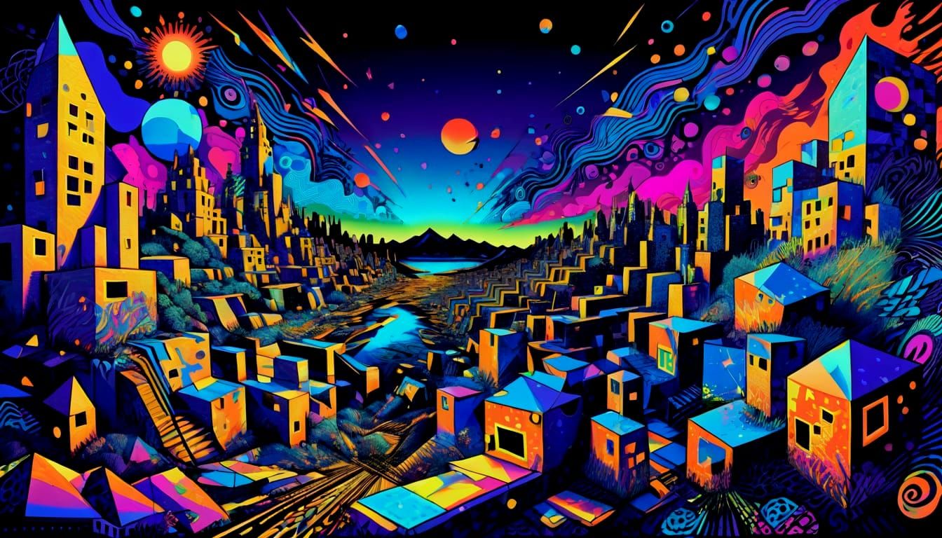 Psychedelic Cubist Urban Explosion Landscape in UV Blackligh...