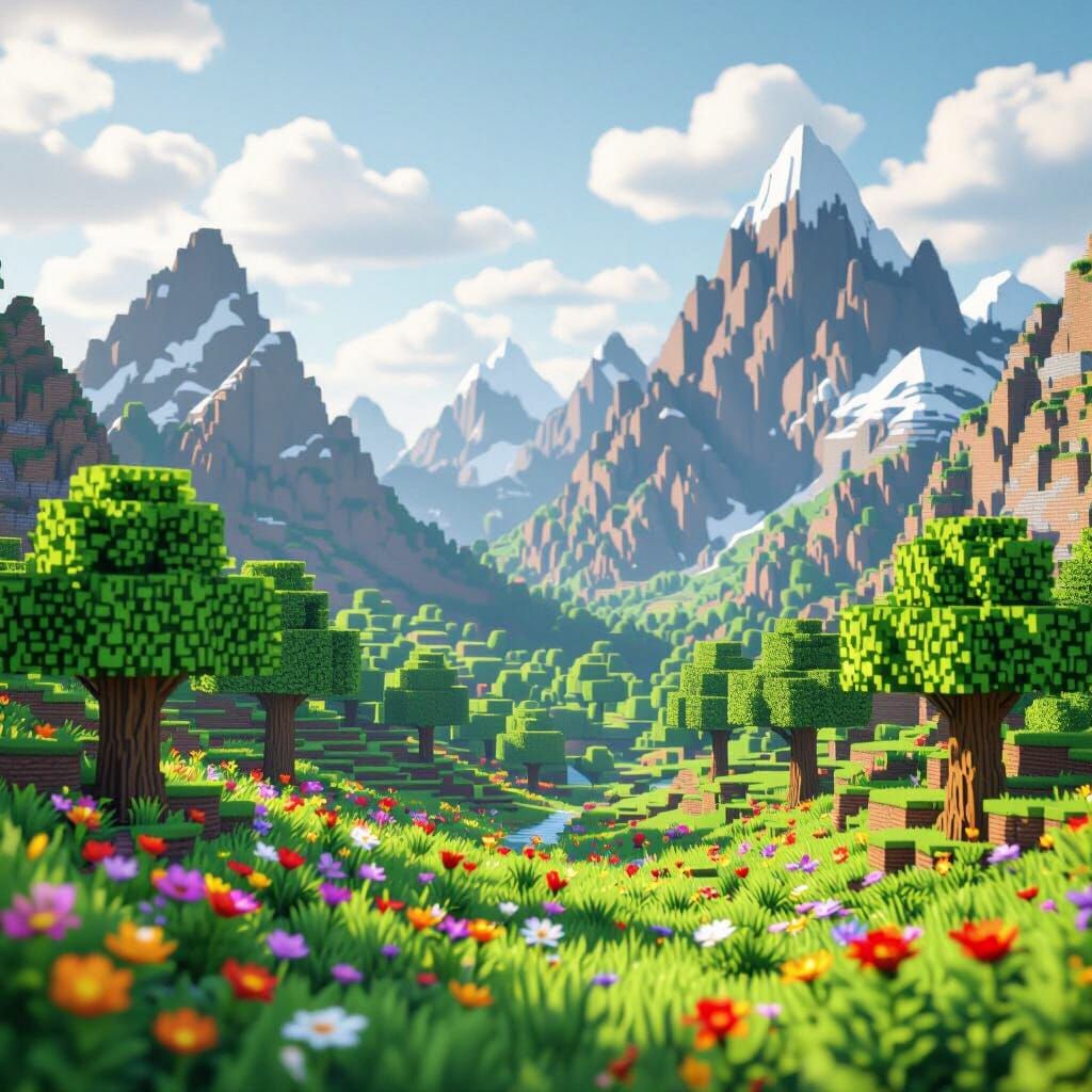 Lush Minecraft Landscape with Vibrant Flora and Mountains
