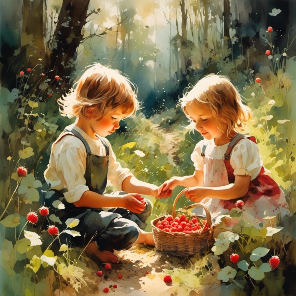 Toddler Siblings Picking Strawberries in Sunlit Forest