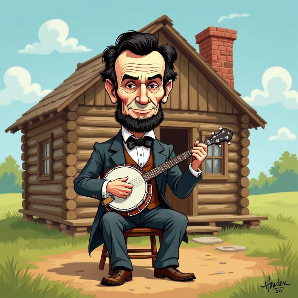 Abe Lincoln Banjo Caricature at Log Cabin
