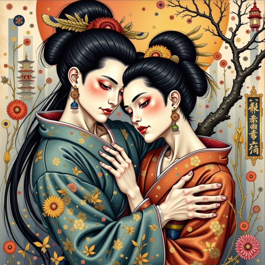 Geisha and Samurai Embrace in Surreal Art Deco Style