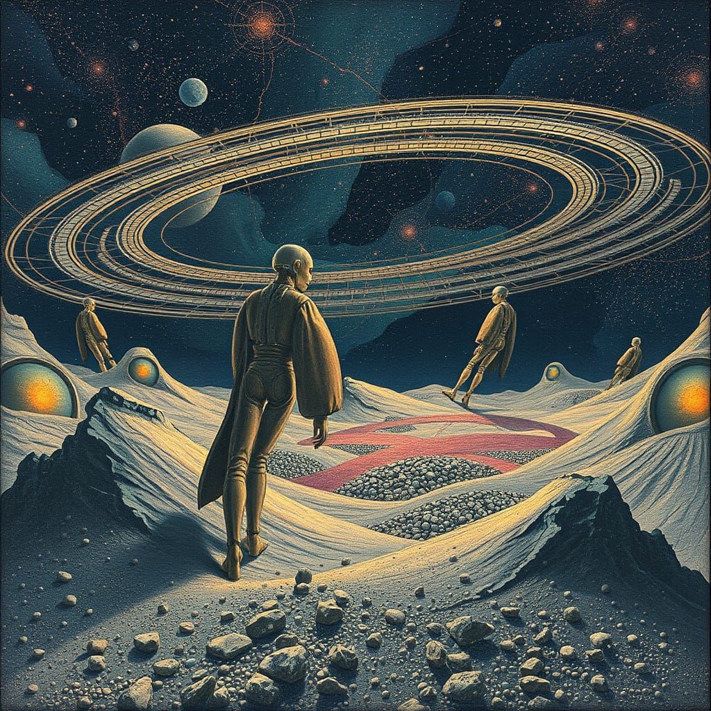 Energy Bots Observe Cosmic Sands in Hypersurrealism Style