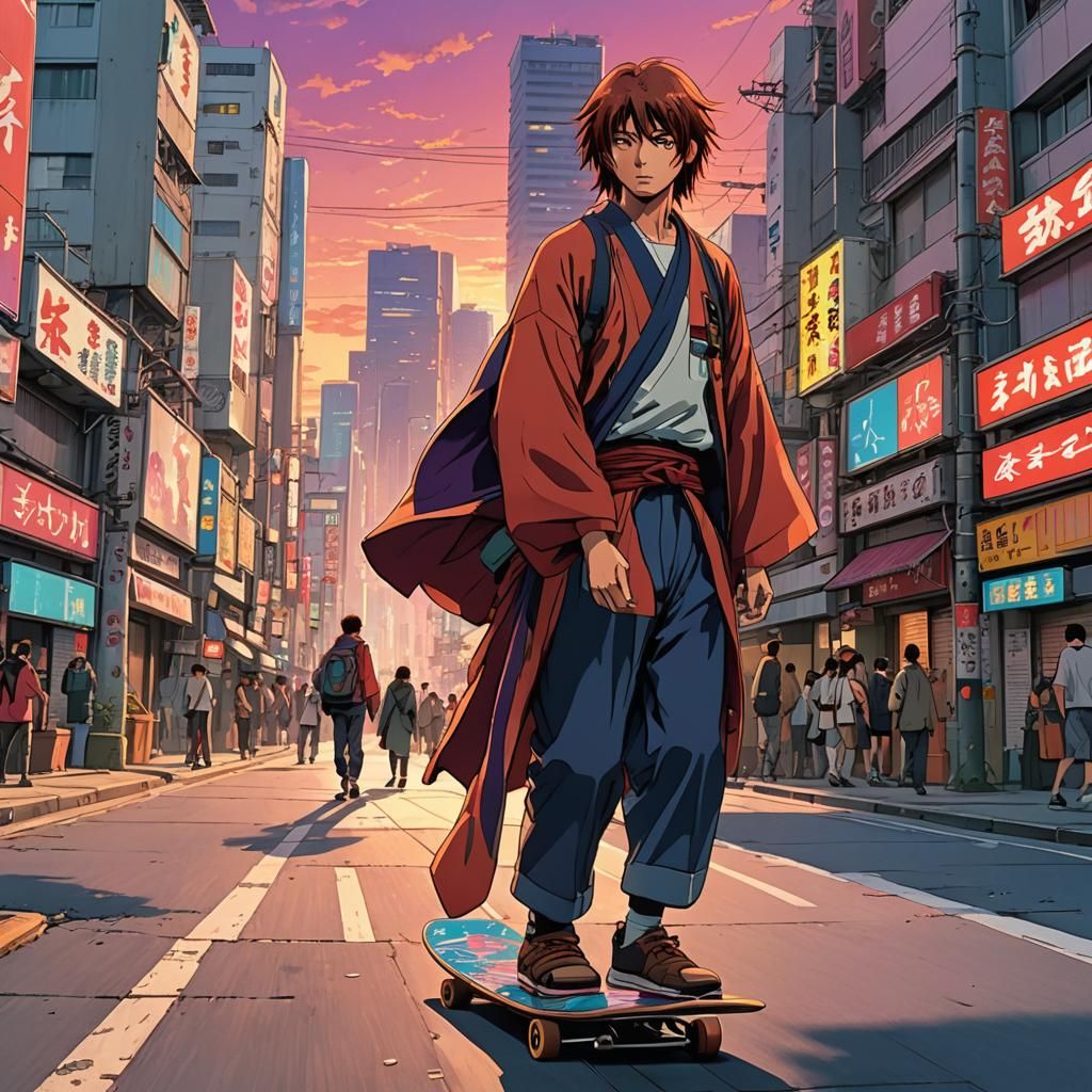 Kenshin Skateboarder in Vibrant Anime Tokyo Sunset