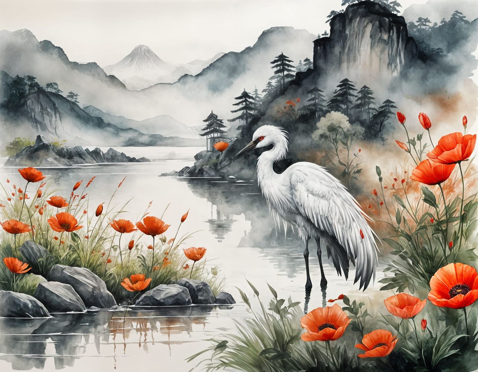 Serene Japanese Landscape with Crane and Red Sun