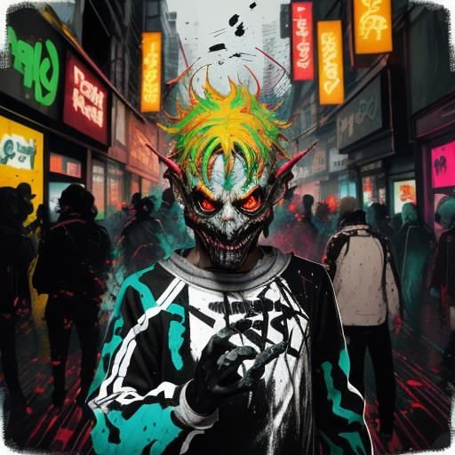 Grotesque Figure in Dystopian Street Scene