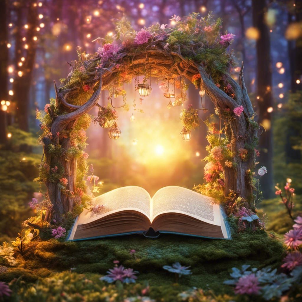 A pretty fairy world with heaven's golden light shining on book.