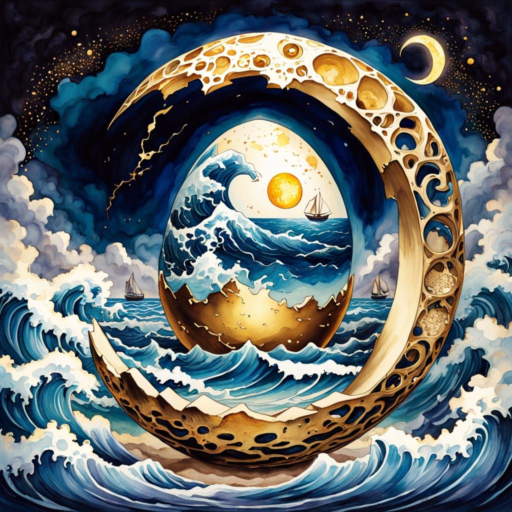 Porcelain Egg in Moon Crater with Ocean Double Exposure