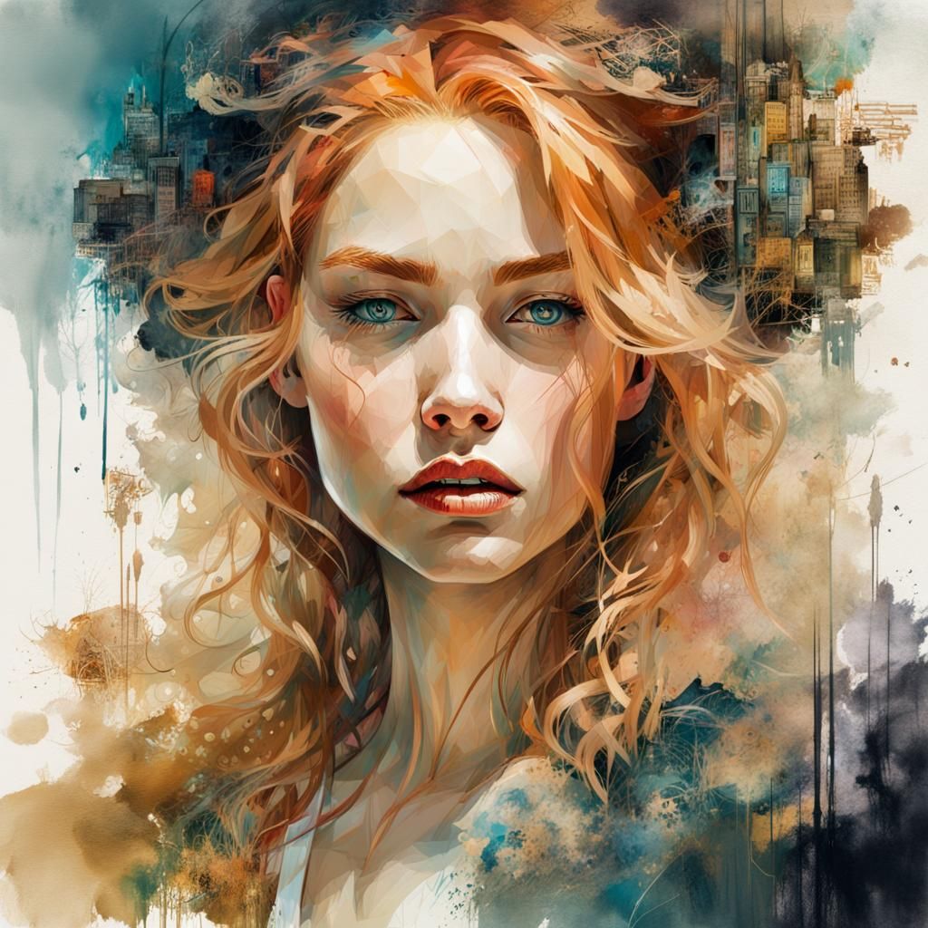 Strawberry Blonde Woman Portrait in Digital Oil Painting Sty...