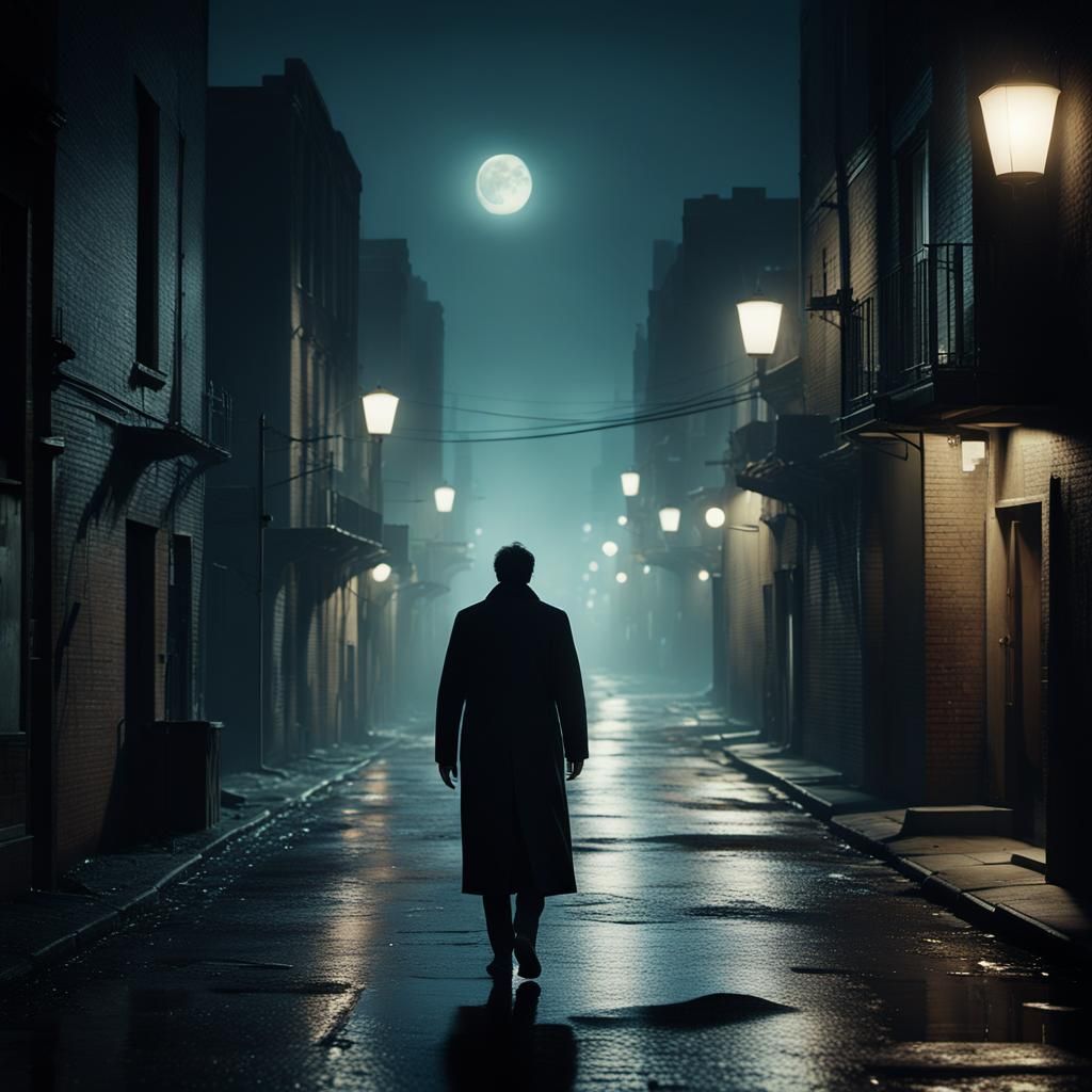 Moonlit Cityscape Alley in a Cinematic Style