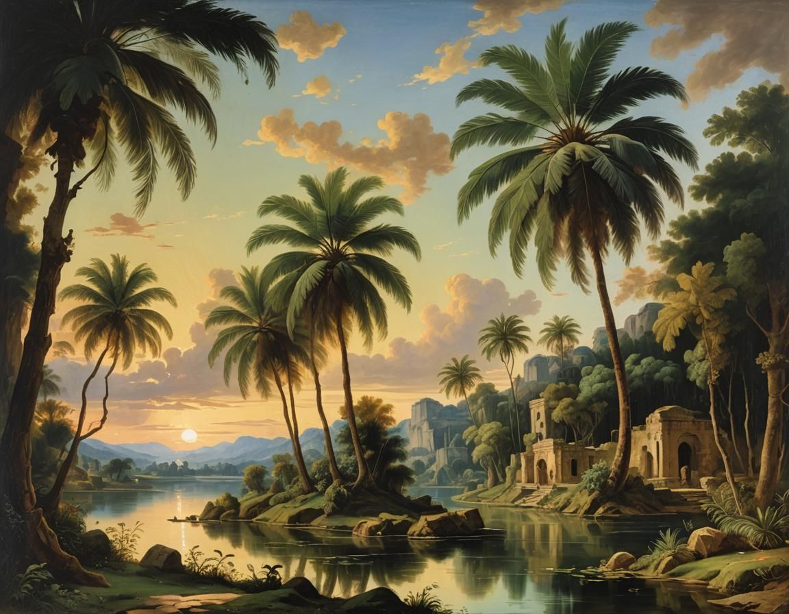 Tropical Island Sunset in Baroque Painting Style