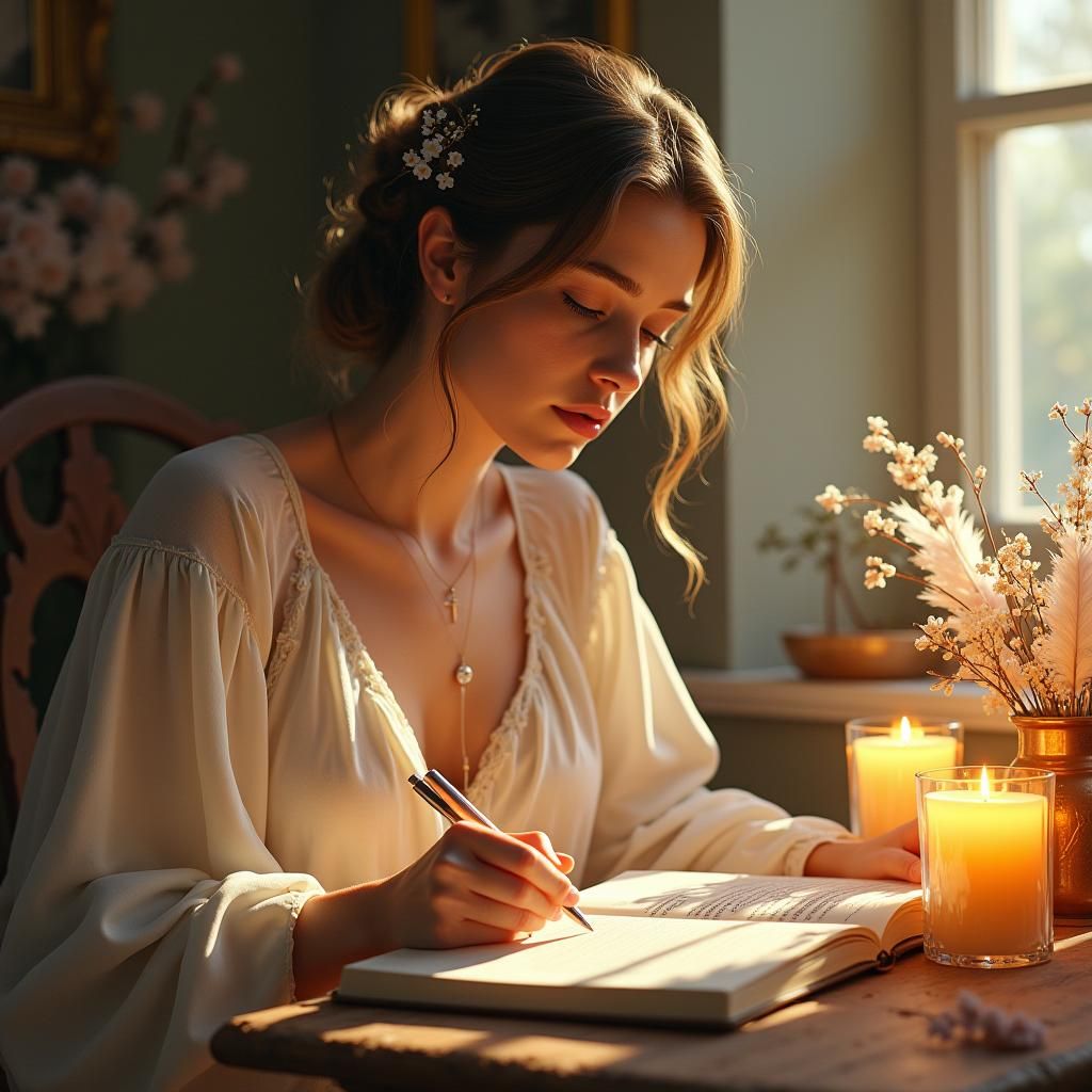 Ethereal Woman Writing Poetry in Dreamlike Setting