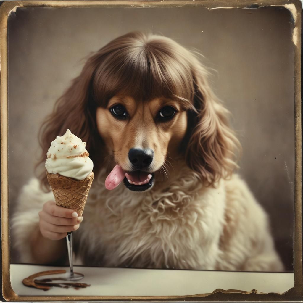 Girl Shares Ice Cream with Dog: 80s Polaroid