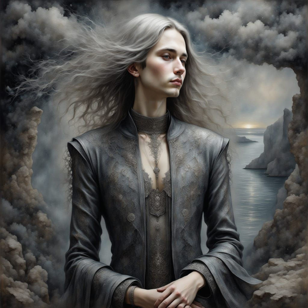 Ethereal Young Man Contemplates Gray Sea in Renaissance Styl...