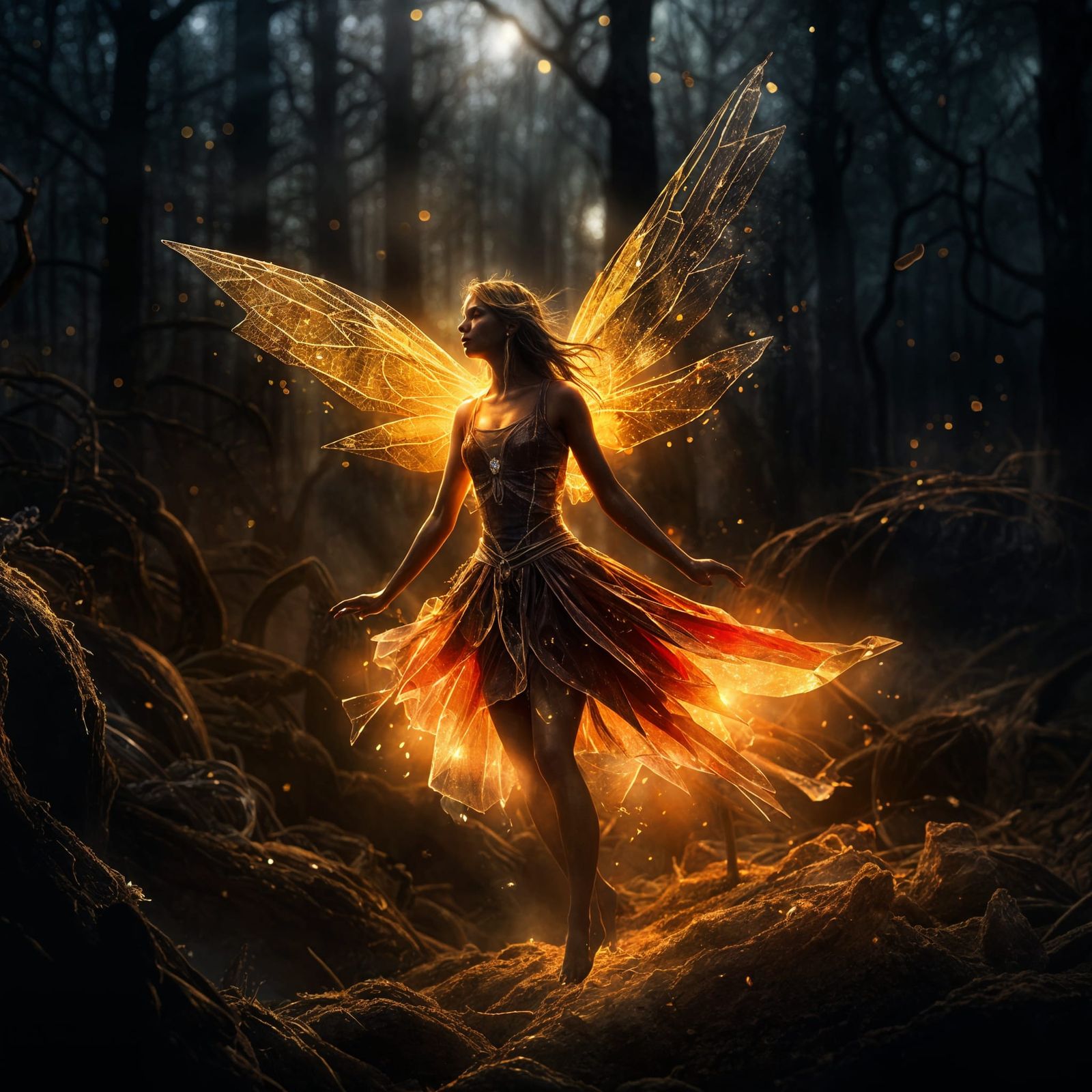 Golden Fairy in Misty Sunset Landscape