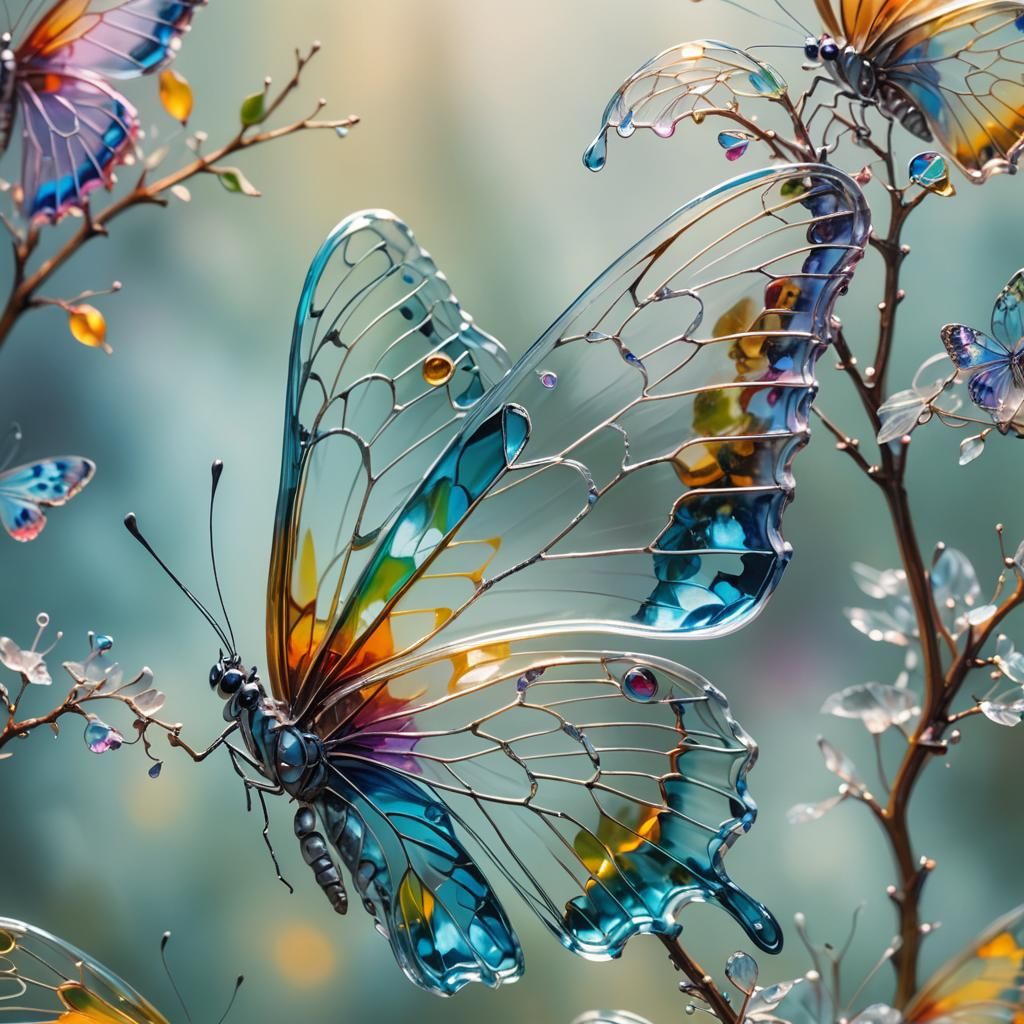 Glass Butterfly with Iridescent Wings as Oil Painting