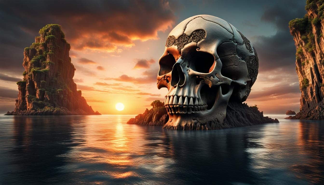 Hyperrealistic Skull Island Sunset on Still Sea