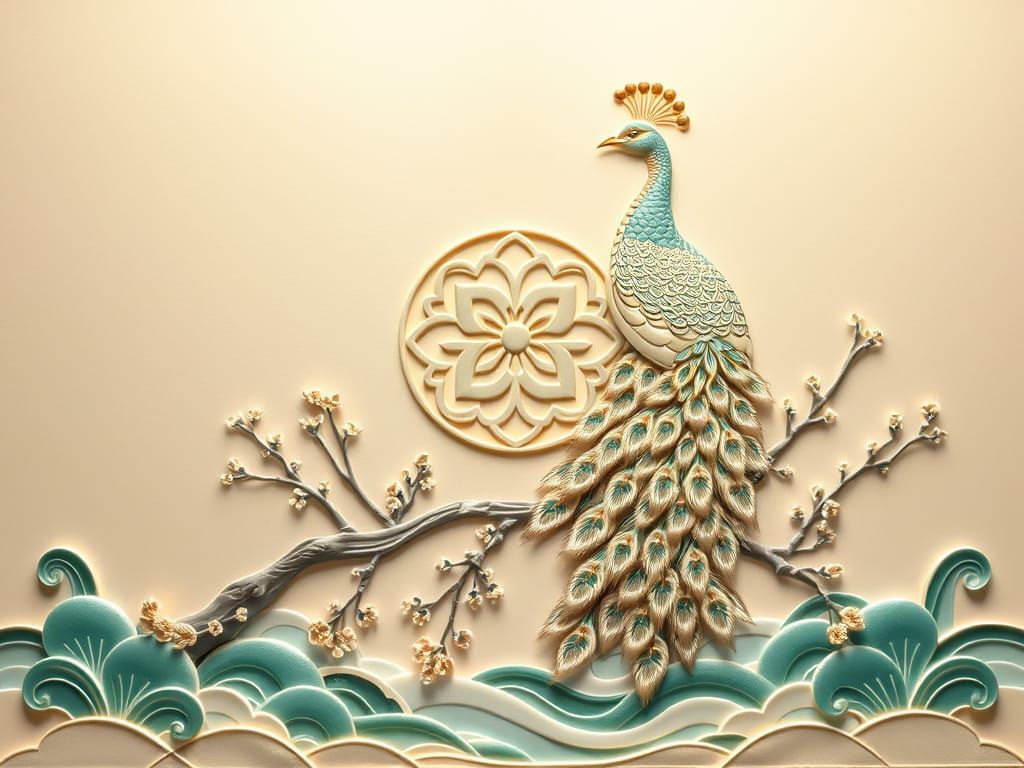 Embossed Peacock Art with Elegant Cloud Pattern
