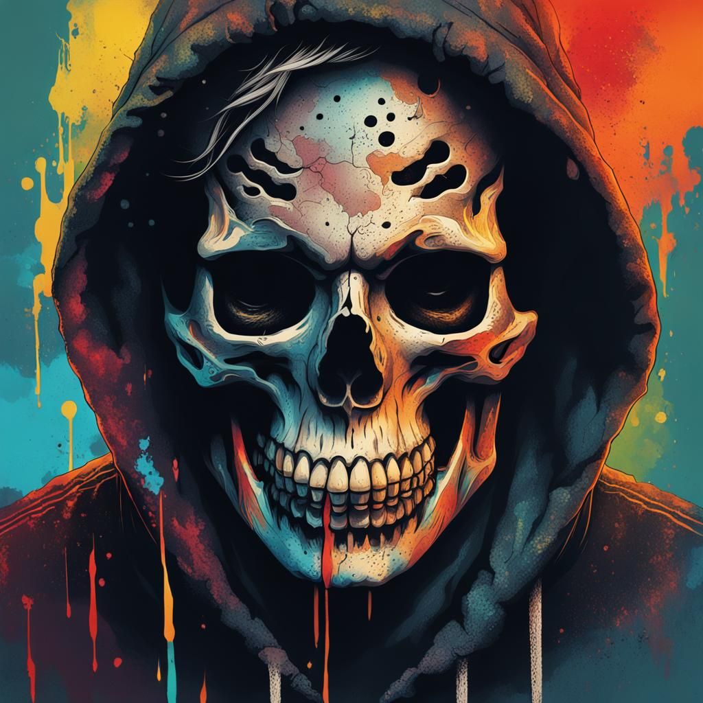 Grunge Style Man with Skull Hoodie