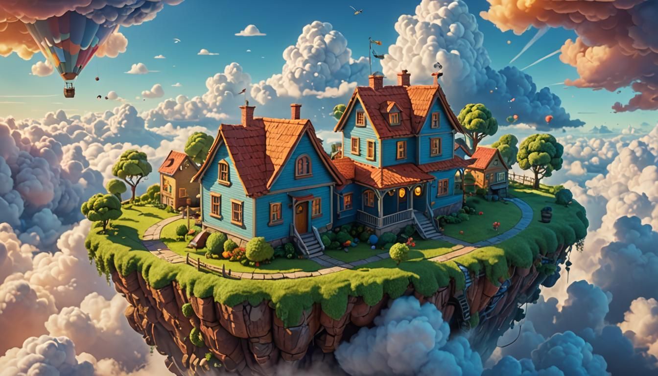 Floating House in Clouds: Pixar-style 3D Art