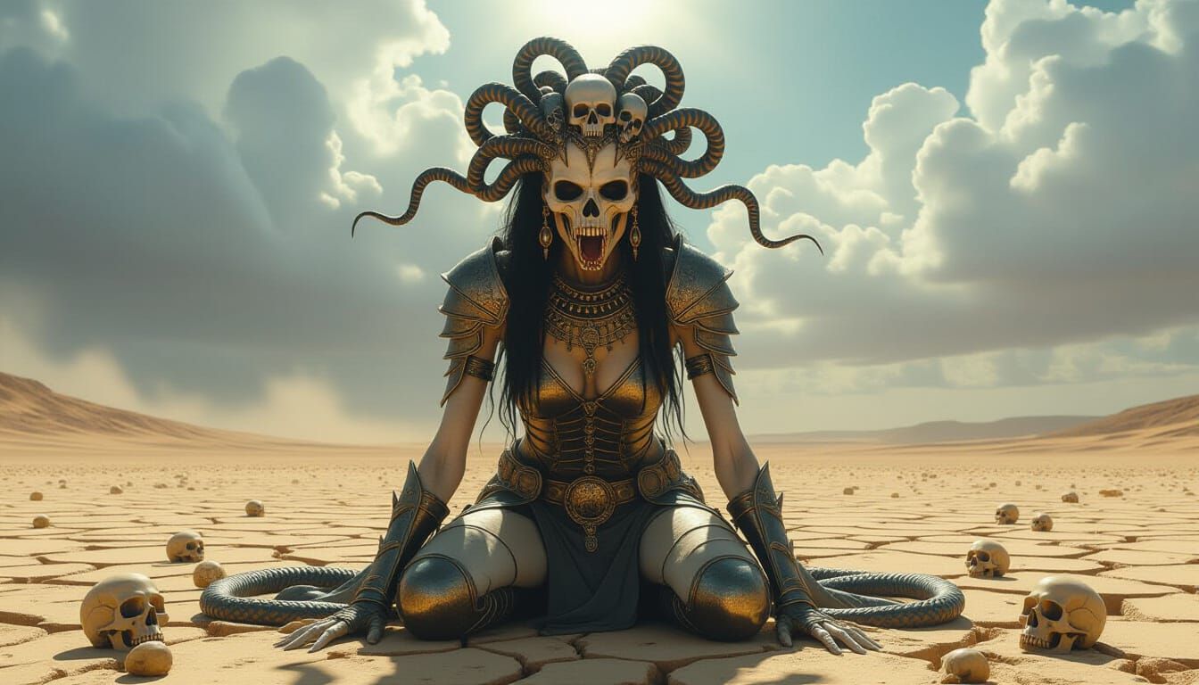 Medusa Figure Kneeling in Barren Desert: Surreal Art