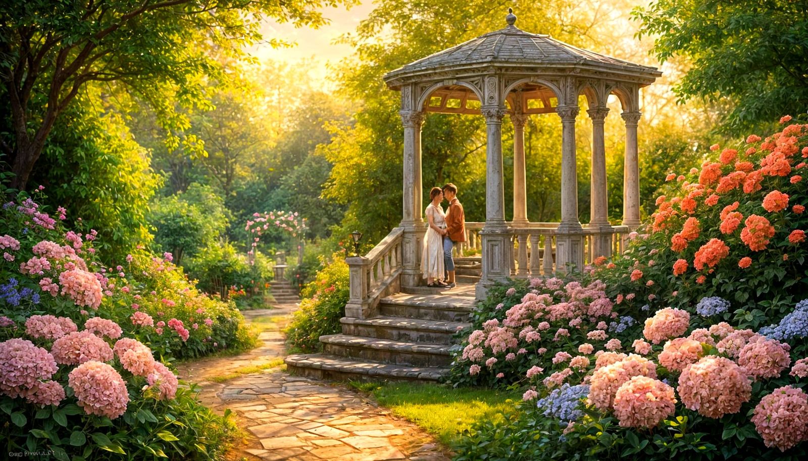 Copper Gazebo in Lush Garden at Sunset