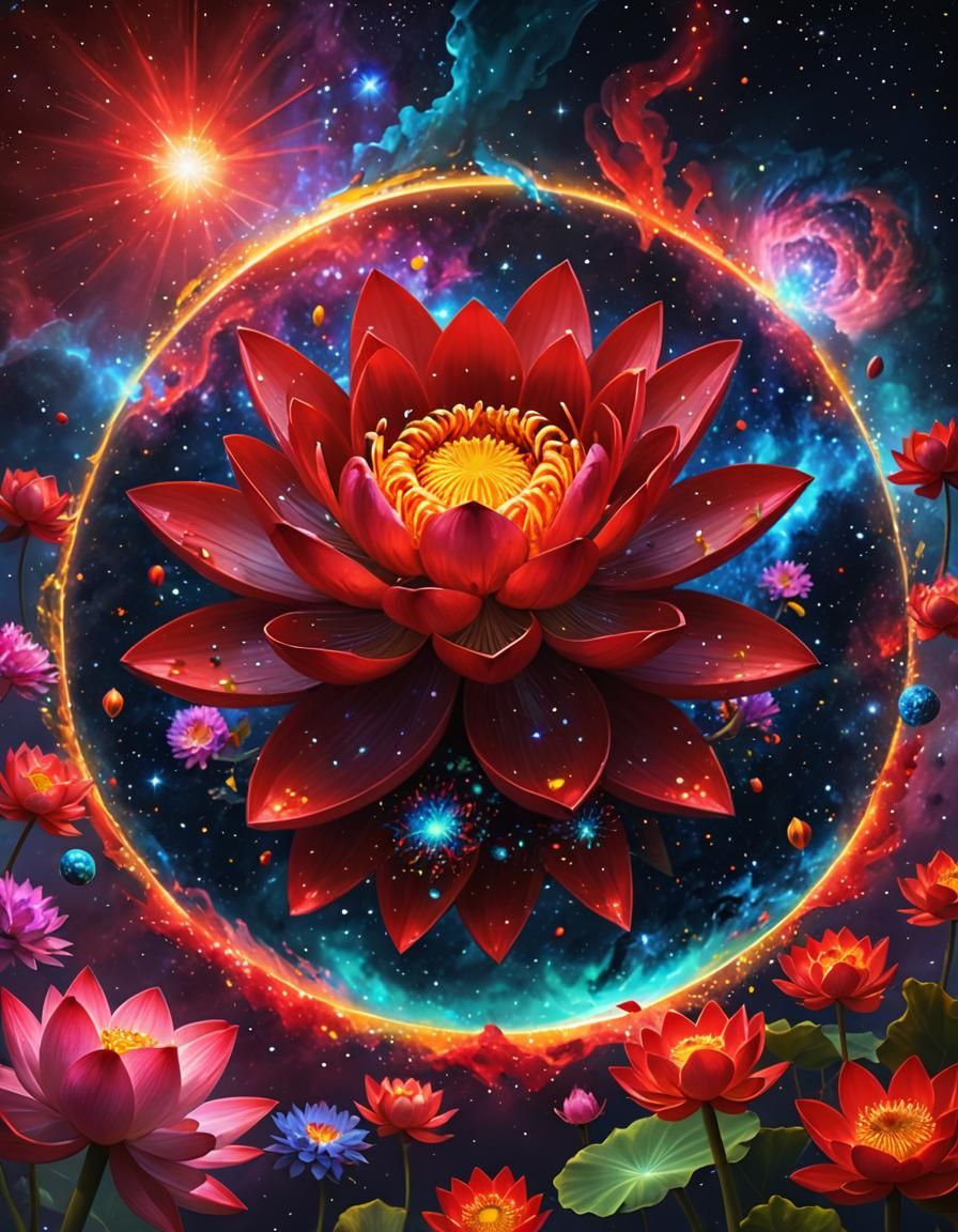 Vibrant Lotus Flower in Space, Digital Art
